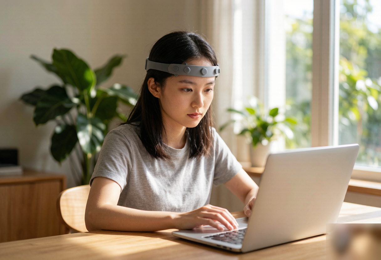 A user wearing a neural interface device interacting with the digital world in daily life