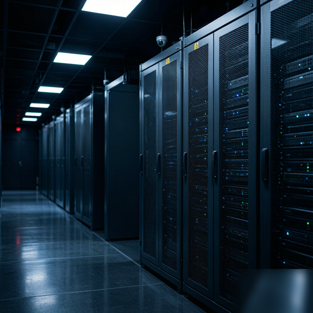 A modern data-center room where decentralized network nodes are hosted