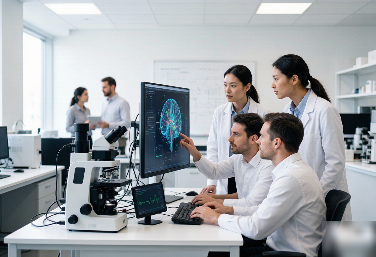 Interdisciplinary researchers and engineers collaborating in a neuroscience lab