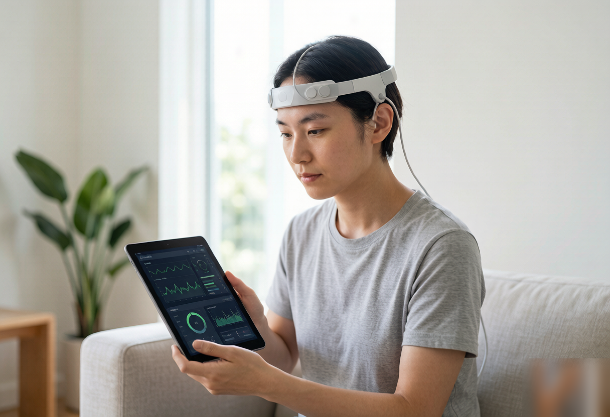A modern neuroscience research lab with brain-computer interface monitoring equipment