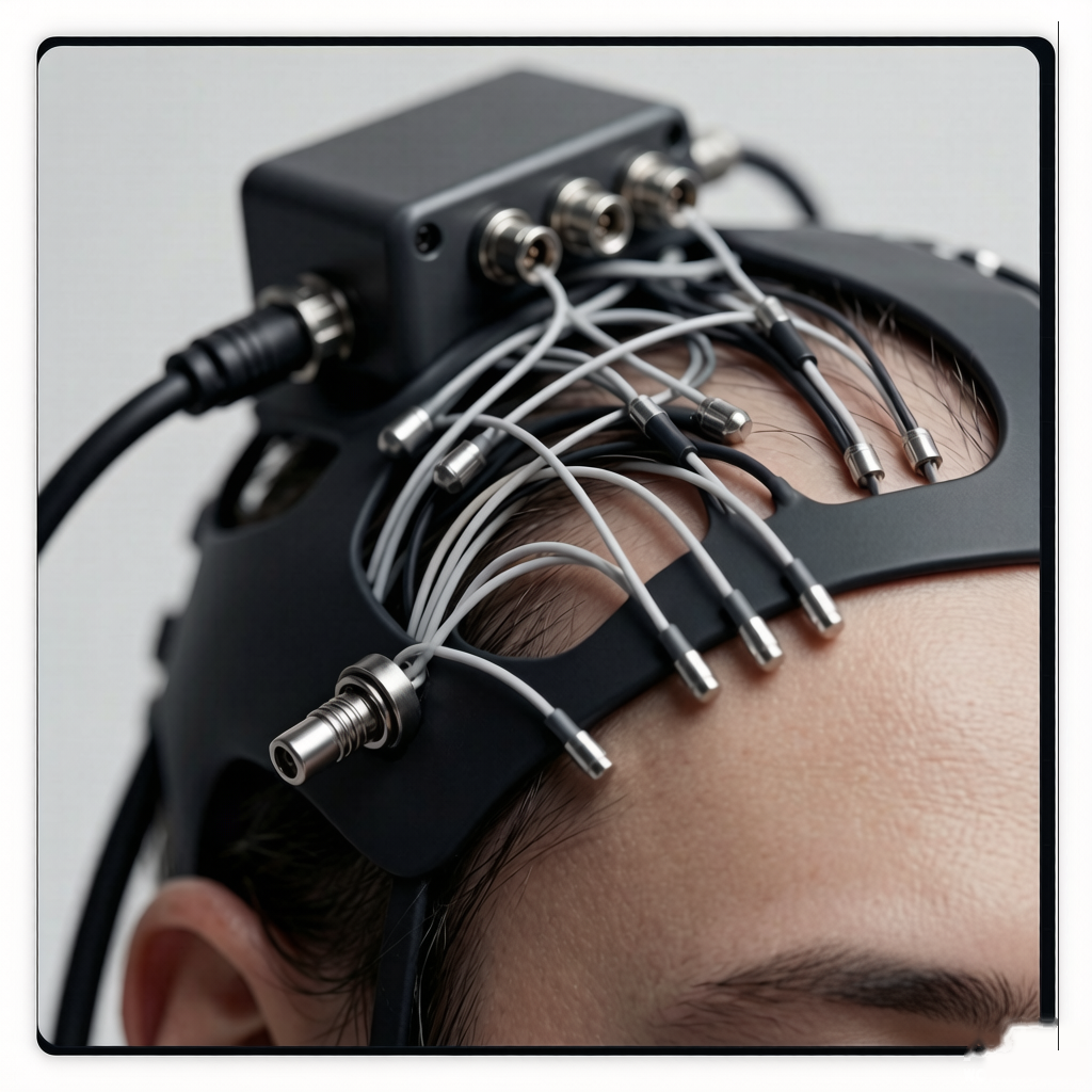 Close-up portrait of a person wearing a brain-computer interface headset, showing a natural, authentic neural-interaction scene
